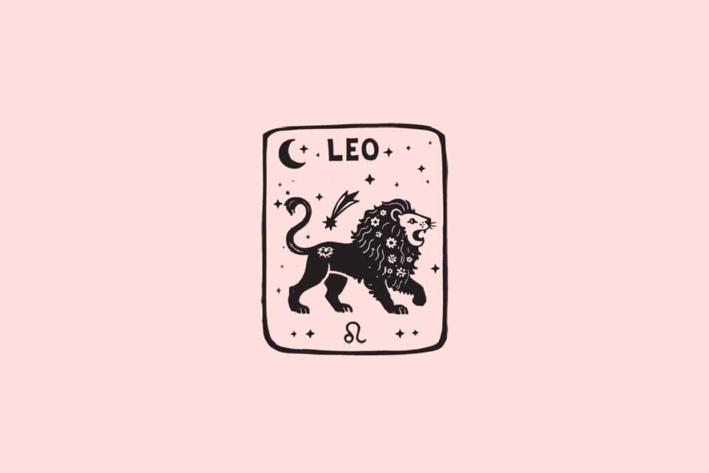 Ilustração do signo de Leão, contendo um leão com juba florida, lua crescente e estrelas cadentes, em fundo rosa-claro