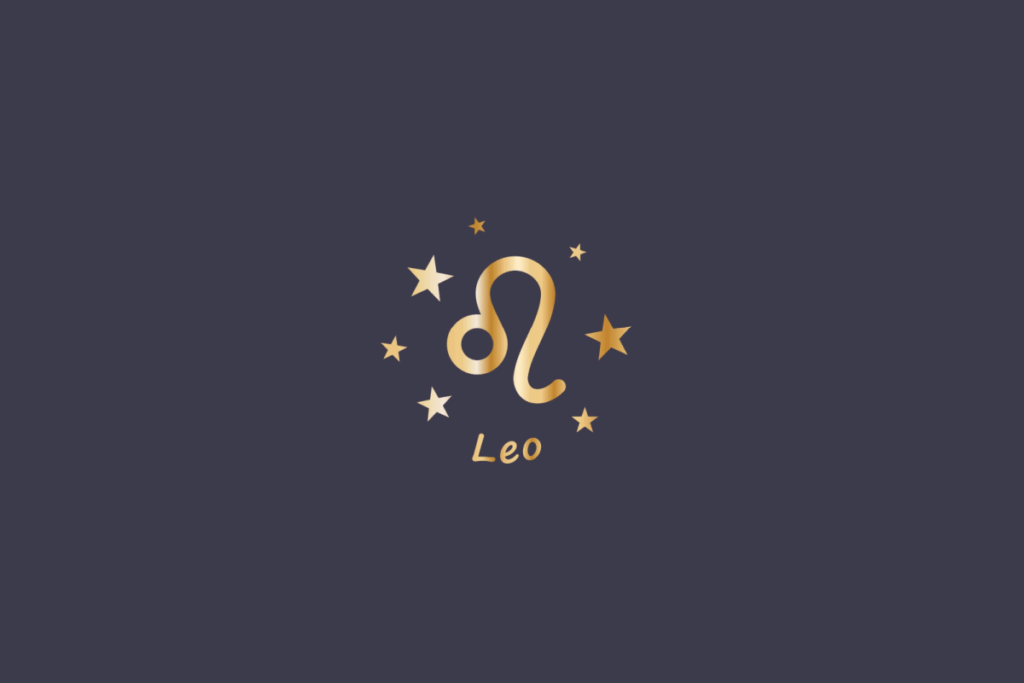 Ilustração do signo de Leão, em fundo cinza, contendo o símbolo do signo em dourado, em forma de círculo com uma cauda curva, cercado por estrelas e com o nome "Leo" abaixo