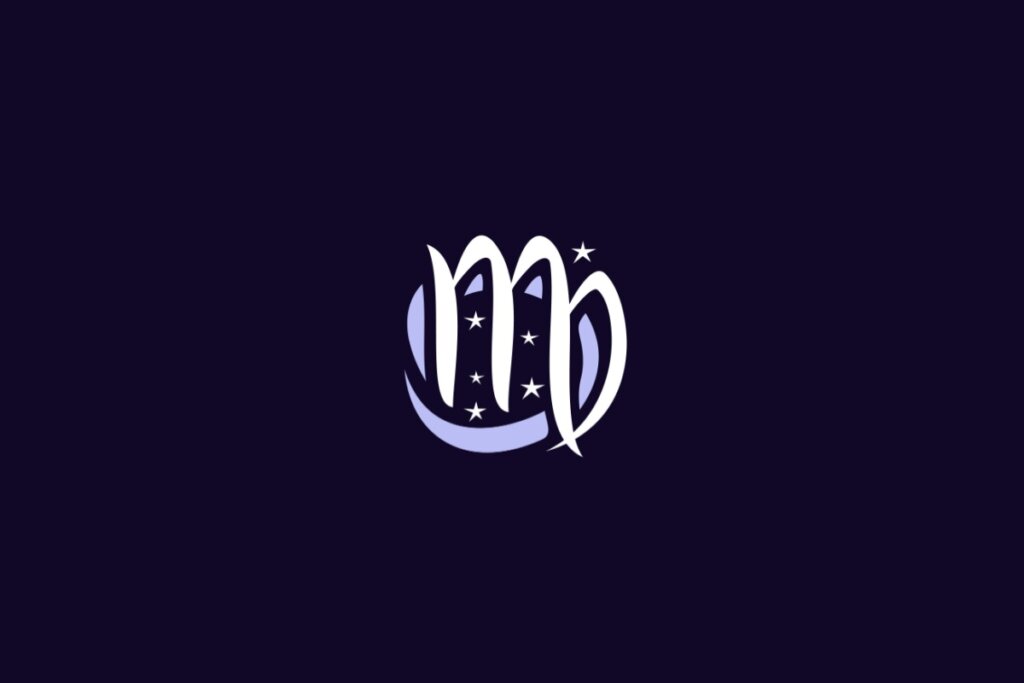 Ilustração do signo de Virgem, com símbolo curvo semelhante à letra “m” com laço fechado na extremidade direita, acompanhado por cinco estrelas, em fundo roxo-escuro