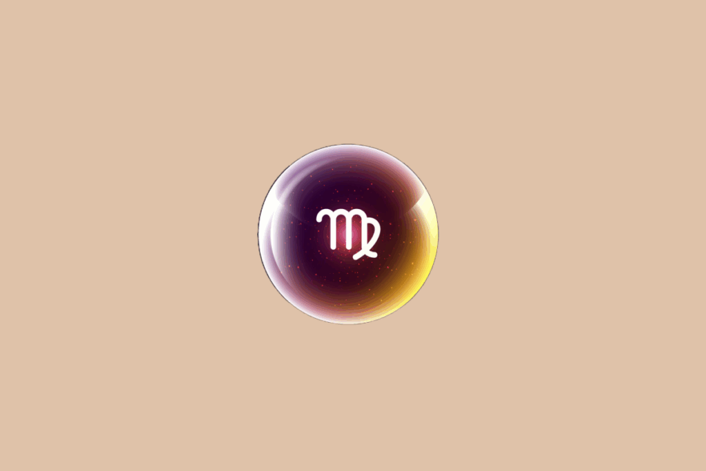 Ilustração do signo de Virgem, em fundo bege, contendo o símbolo do signo em branco, semelhante à letra M com uma alça curva, no centro de uma esfera luminosa