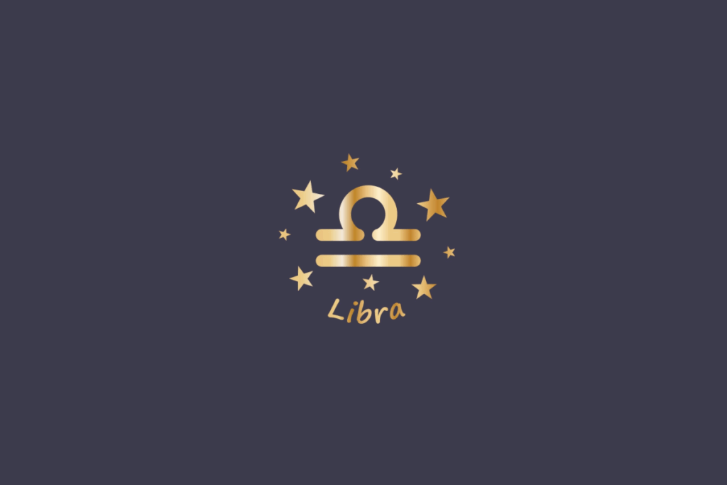 Ilustração do signo de Libra, em fundo cinza, contendo o símbolo do signo em dourado, formado por um semicírculo sobre duas linhas horizontais, cercado por estrelas e com o nome "Libra" abaixo