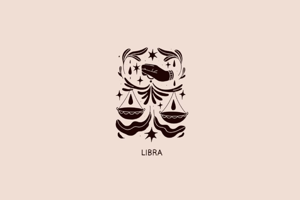 Ilustração do signo de Libra contendo uma balança equilibrada e elementos florais em fundo bege