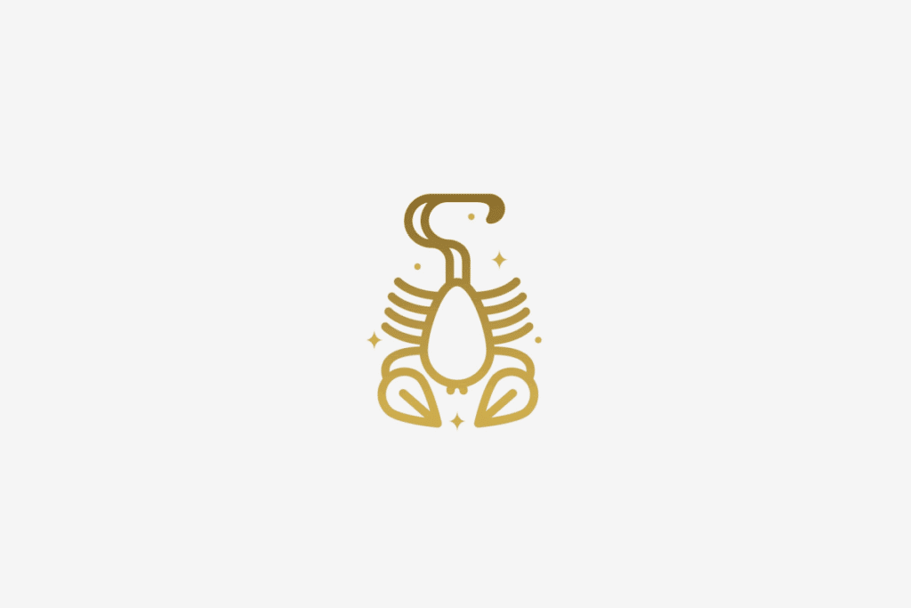 Ilustração do signo de Escorpião, contendo um escorpião com o ferrão erguido e estrelas ao redor, em fundo cinza-claro