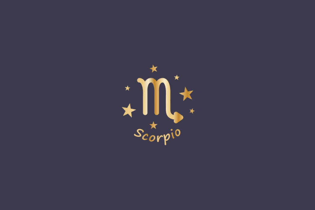 Ilustração do signo de Escorpião, em fundo cinza, contendo o símbolo do signo em dourado, semelhante à letra M com uma seta na ponta, cercado por estrelas e com o nome "Scorpio" abaixo