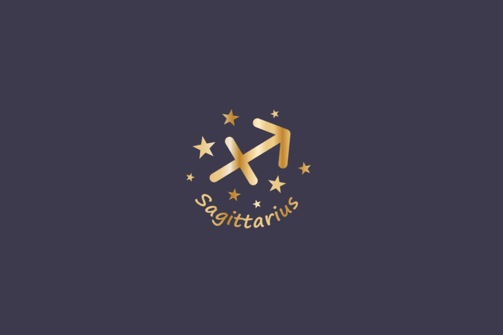 Ilustração do signo de Sagitário, em fundo cinza, contendo o símbolo do signo em dourado, no formato de uma flecha diagonal cortada por uma linha, cercado por estrelas e com o nome "Sagittarius" abaixo