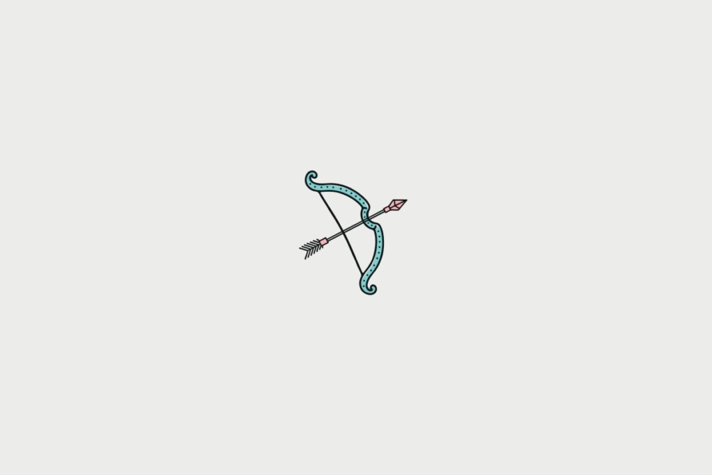 Ilustração de um arco e flecha, centralizado em fundo cinza-claro, representando o signo de sagitário