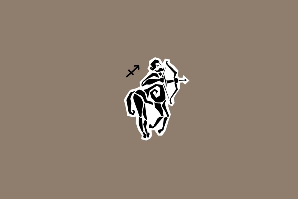 Ilustração do signo de Sagitário com um centauro arqueiro segurando um arco e flecha em fundo marrom
