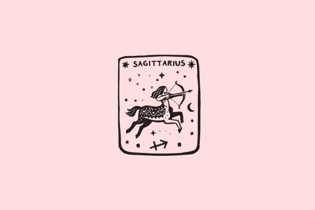 Ilustração do signo de Sagitário, contendo uma centaura com arco e flecha em movimento, com lua crescente e estrelas, em fundo rosa-claro