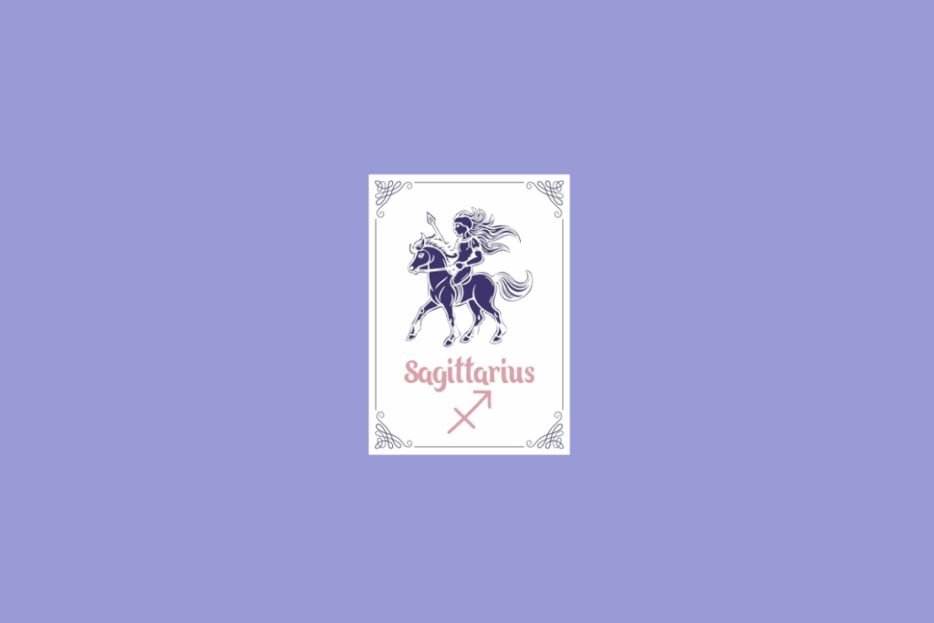 Ilustração do signo de Sagitário, em fundo lilás, contendo uma carta branca com bordas ornamentadas, um centauro empunhando uma lança em roxo-escuro e, abaixo, o nome "Sagittarius" e o símbolo do signo em rosa
