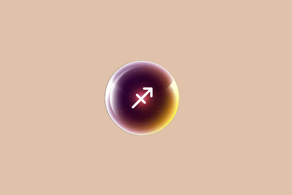 Ilustração do signo de Sagitário, em fundo bege, contendo o símbolo do signo em branco, em forma de flecha diagonal, no centro de uma esfera luminosa