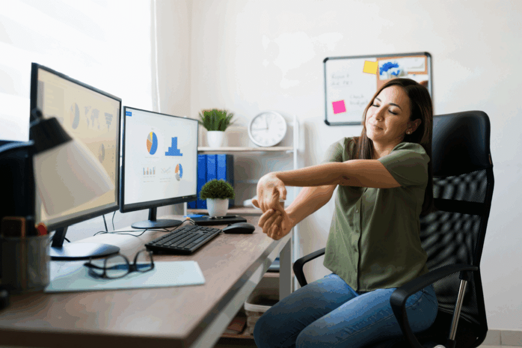 Mulher, usando blusa verde e calça jeans, sentada em frente a um computador e fazendo alongamento de punhos e antebraços