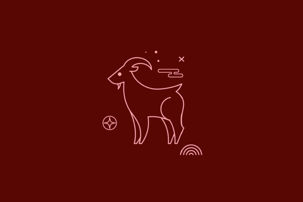 Ilustração minimalista em linhas cor-de-rosa de uma cabra de perfil, sobre um fundo bordô. Ao redor, elementos decorativos como nuvens estilizadas, estrelas e um semicírculo.