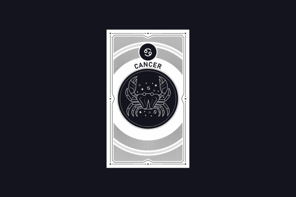 Ilustração em estilo carta de tarot em preto e branco do signo de Câncer, contendo o símbolo do signo, a palavra "CANCER" e um caranguejo no centro.