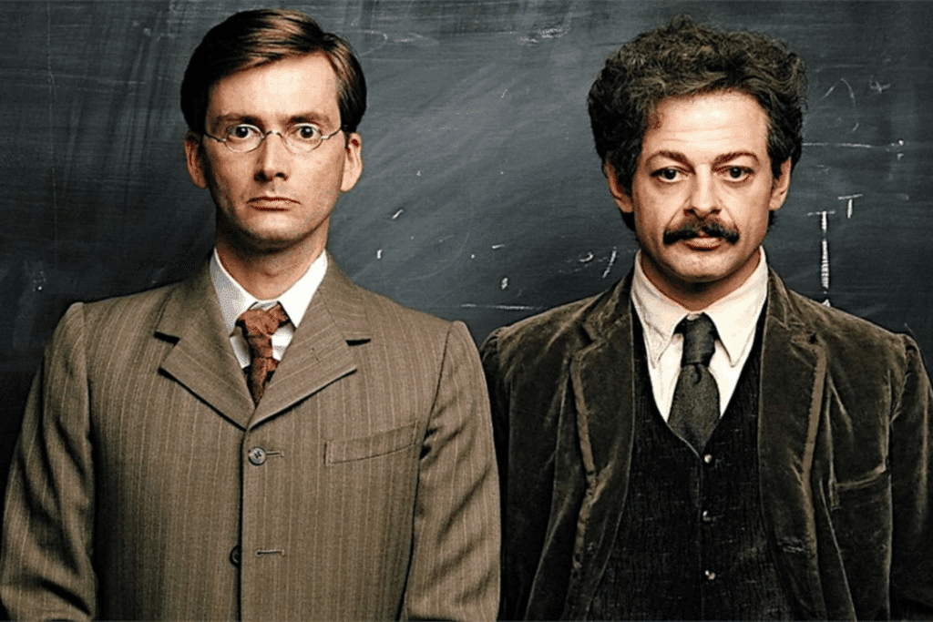 Dois homens vestidos formalmente com ternos antigos do início do século XX, posicionados lado a lado e olhando fixamente para a frente, com uma lousa escura ao fundo.