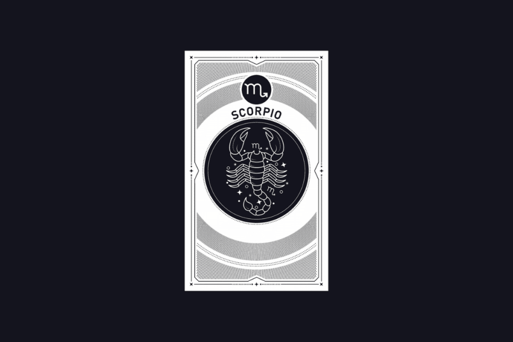 Ilustração em estilo carta de tarot em preto e branco do signo de Escorpião, contendo o símbolo do signo, a palavra "SCORPIO" e um escorpião no centro.