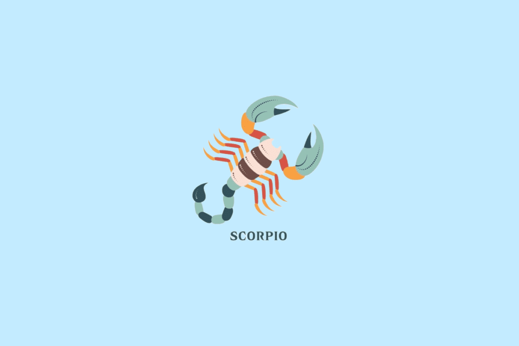 Ilustração estilizada de um escorpião em tons de verde, branco e laranja, com a palavra "SCORPIO" escrita abaixo.