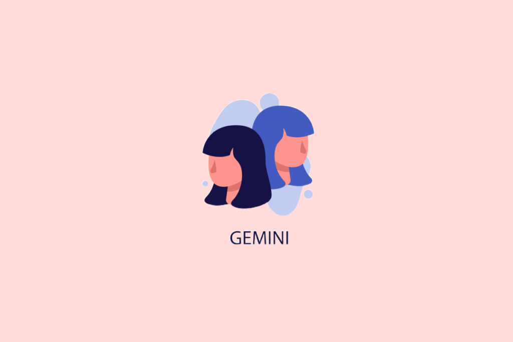 Ilustração minimalista de duas faces femininas de perfil com cabelos em tons de azul sobre formas azuis claras e fundo rosa, com a palavra "GEMINI" escrita abaixo.
