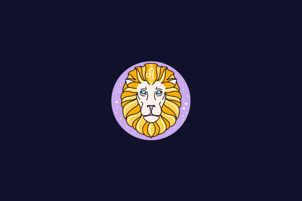 Ilustração do signo de Leão, mostrando a cabeça de um leão estilizado com juba amarela, dentro de um círculo lilás.