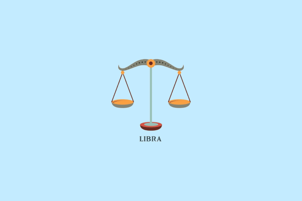 Ilustração estilizada de uma balança de dois pratos em tons de verde e laranja, com a palavra "LIBRA" escrita abaixo.