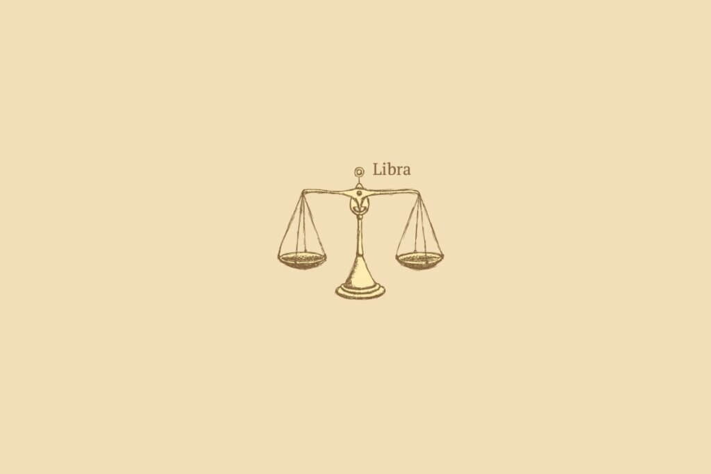 Ilustração do signo de libra centralizado, com o nome do signo embaixo, em um fundo rosa-salmão