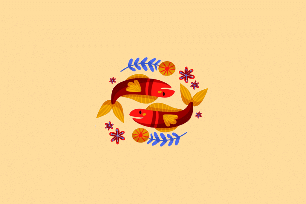 Ilustração estilizada do signo de Peixes. No centro, dois peixes vermelhos com caudas e barbatanas amarelas nadando em direções opostas, formando um círculo ornamentado por pequenas flores vermelhas e ramos azuis. O fundo é de cor amarela clara uniforme.