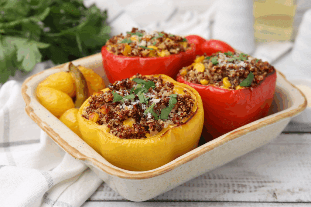 Três pimentões grandes e coloridos (um amarelo à esquerda e dois vermelhos à direita), recheados com um mix de quinoa, dispostos em uma travessa de cerâmica creme.