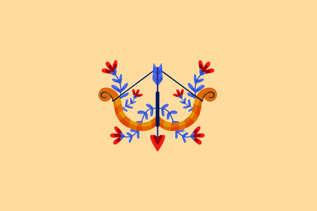 Ilustração estilizada do signo de Sagitário. No centro, um arco laranja e amarelo tensionado por uma corda preta, com uma flecha azul apontada para cima dotada de uma ponta vermelha em formato de coração, tudo entrelaçado por ramos azuis e flores vermelhas. O fundo é de cor amarela clara uniforme.