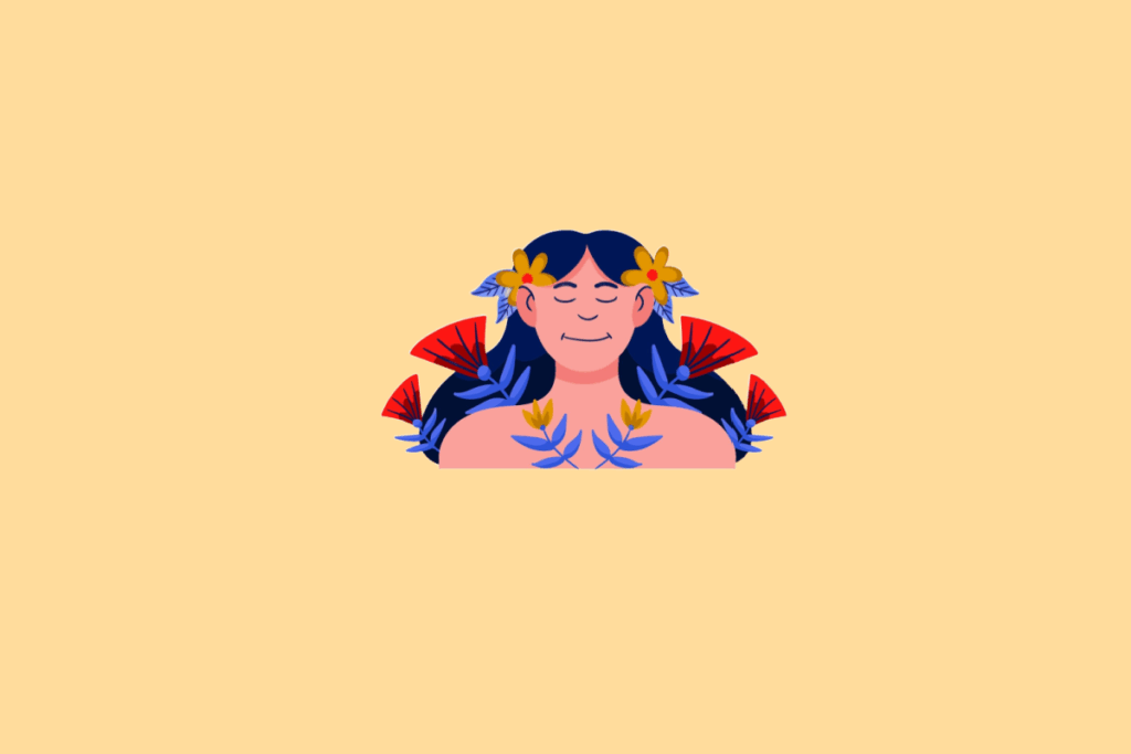 Ilustração estilizada do signo de Virgem. No centro, o busto de uma mulher de cabelos longos e azuis com os olhos fechados e uma expressão serena, adornada com flores amarelas no cabelo e flores vermelhas ao redor dos ombros. O fundo é de cor amarela clara uniforme.