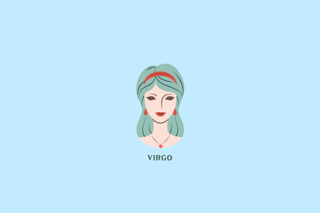Ilustração estilizada do busto de uma mulher com cabelos verdes e acessórios vermelhos, com a palavra "VIRGO" escrita abaixo.