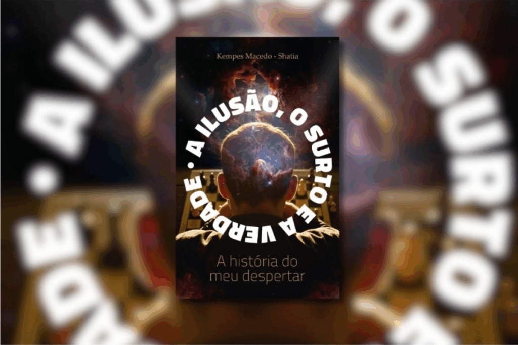 Capa do livro "A ilusão, o surto e a verdade: a história do meu despertar", com a imagem da cabeça de um homem à frente de um tabuleito de xadrez. Ao fundo, o espaço sideral