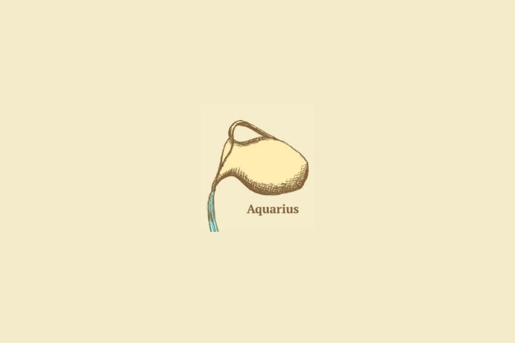 Ilustração do signo de aquário centralizado, com o nome do signo embaixo, em um fundo rosa-salmão