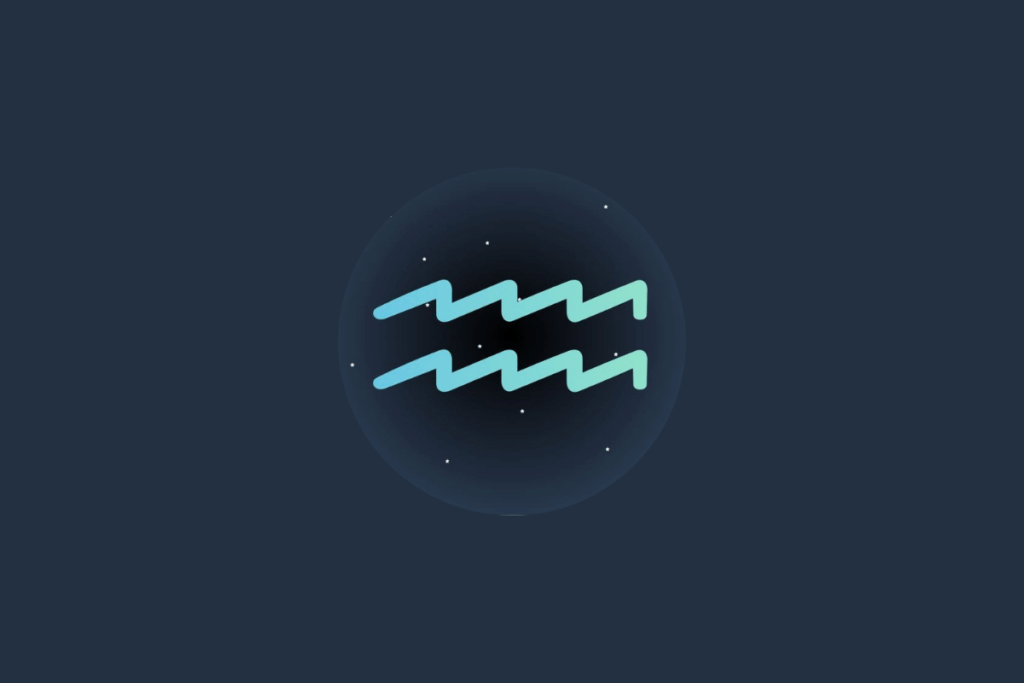 Ilustração do signo de aquário, em verde-claro e cercado por estrelas, centralizado em fundo verde-escuro