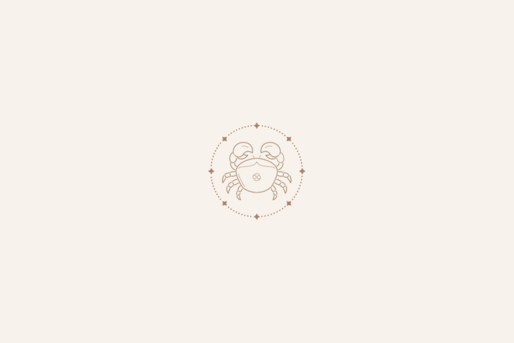 Ilustração de um caranguejo dentro de um círculo de estrelas, centralizado sobre um fundo bege-claro, representando o signo de Câncer
