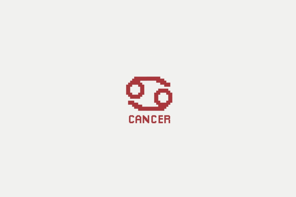 Ilustração do signo de câncer em vermelho e com o nome abaixo, centralizado em um fundo cinza-claro