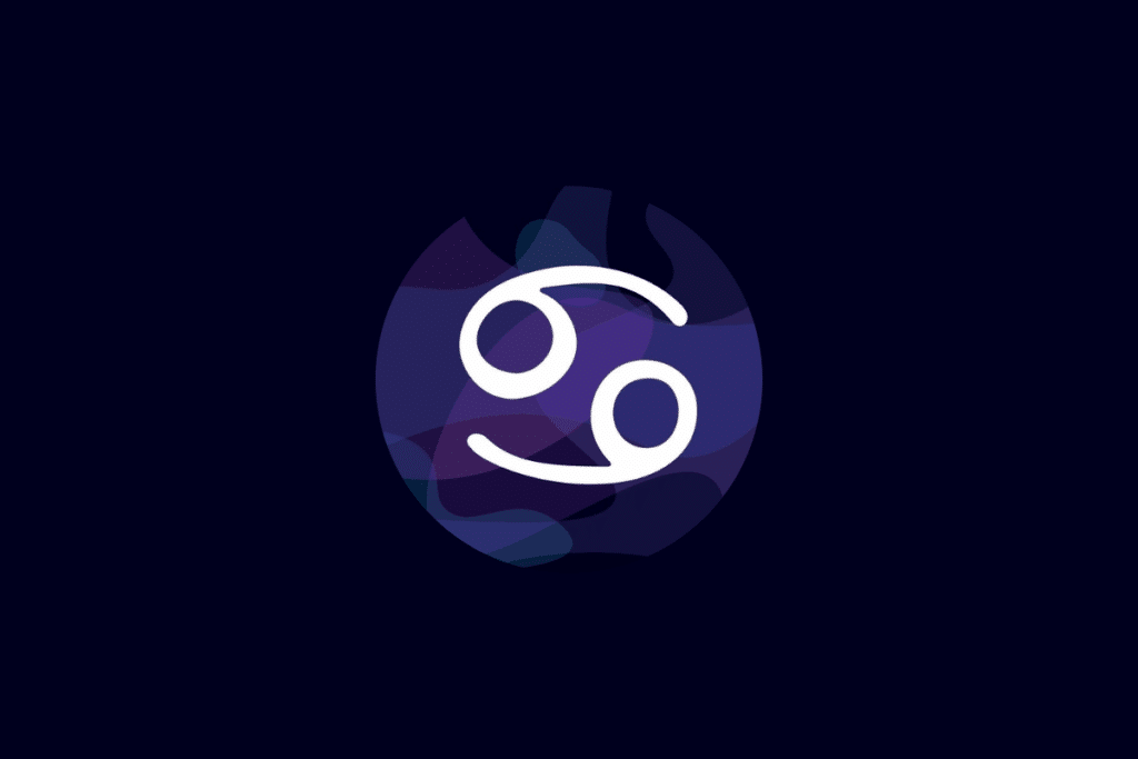 Ilustração do símbolo do signo de câncer em branco, centralizado sobre um círculo com tons de azul e roxo, em fundo azul-escuro.