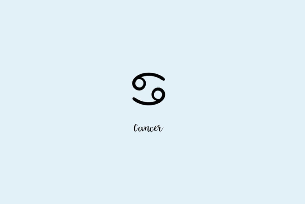 Ilustração do símbolo do signo de câncer, com o nome embaixo, em um fundo azul-claro