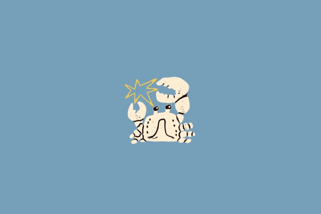 Ilustração de um caranguejo em amarelo-claro sobre um fundo azul-claro