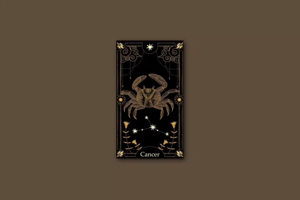 Ilustração de uma carta preta, com o desenho do signo e da constelação de câncer, com borda dourada e estrelas