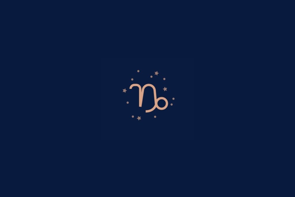 Ilustração do signo de capricórnio rodeado por estrelas em um fundo azul-escuro