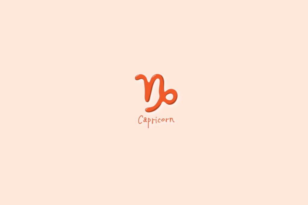 Ilustração do signo de capricórnio, na cor laranja-escuro, com o nome abaixo e centralizado em fundo laranja-claro