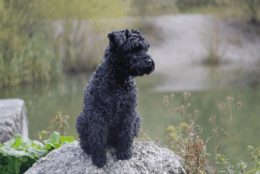 Kerry blue terrier, com pelagem preta e densa, sentado em uma pedra 