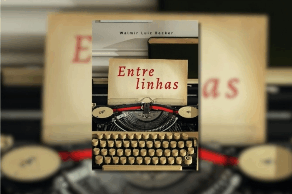 Capa do livro "Entrelinhas", com a ilustração de um papel em uma máquina de escrever com o nome do livro 