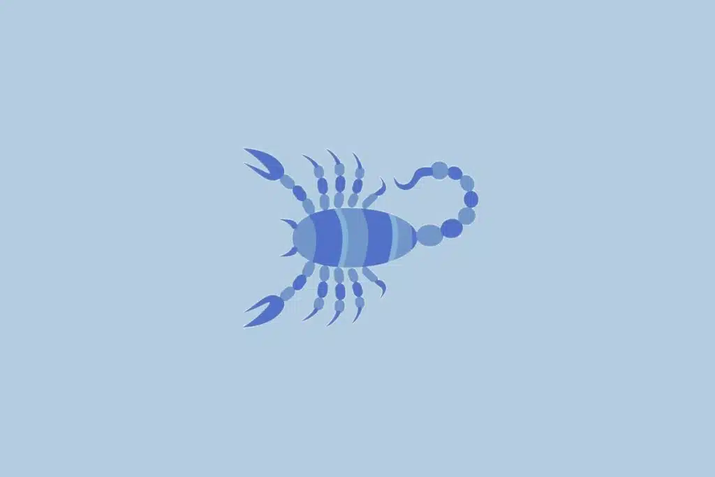 Ilustração do signo Escorpião, com um escorpião azul sobre fundo azul-claro