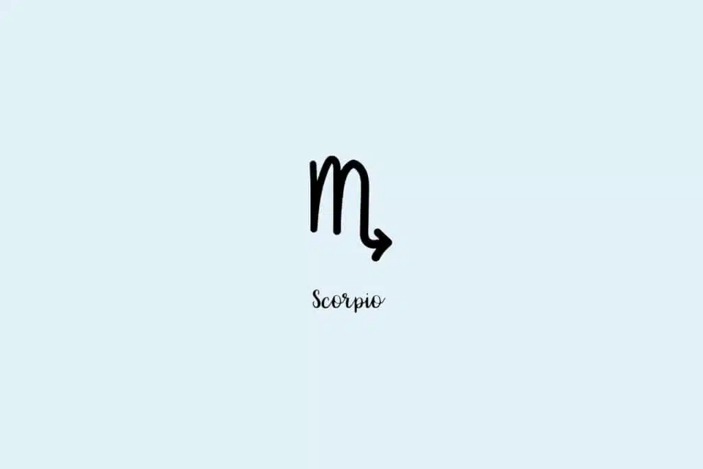 Ilustração do símbolo do signo de escorpião, com o nome embaixo, em um fundo azul-claro