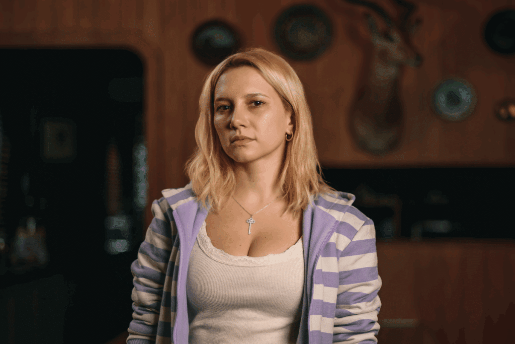 Mulher com cabelo liso, loiro, usando camiseta branca e casaco roxo com listras brancas com parede com itens de caça ao fundo