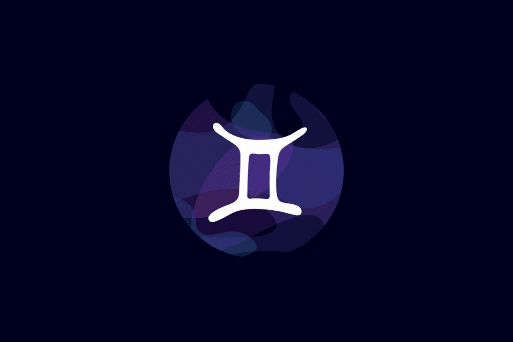 Ilustração do símbolo do signo de Gêmeos em branco, centralizado sobre um círculo com tons de azul e roxo, em fundo azul-escuro.
