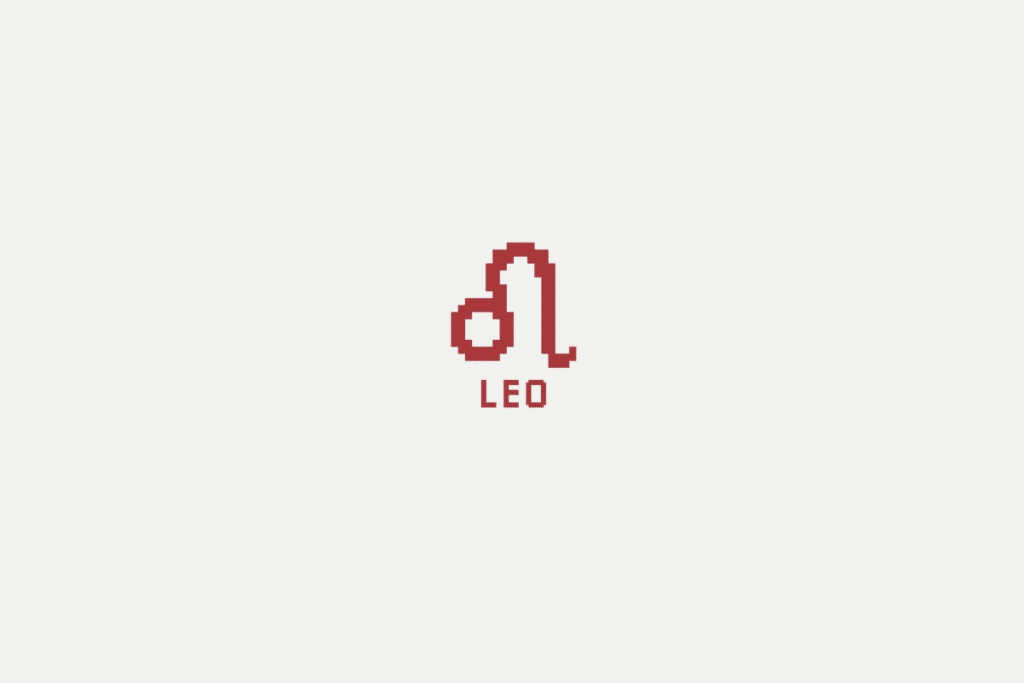 Ilustração do signo de leão em vermelho e com o nome abaixo, centralizado em um fundo cinza-claro