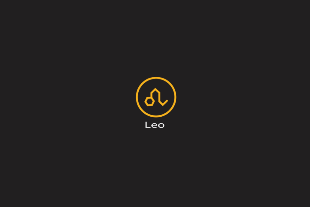 Ilustração do signo de leão em amarelo, dentro de um círculo da mesma cor, centralizado em fundo preto
