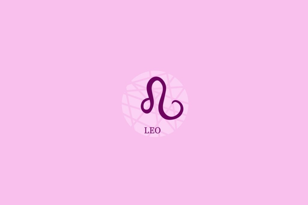 Ilustração de círculo lilás-claro com desenho e nome do signo de leão sobre fundo lilás