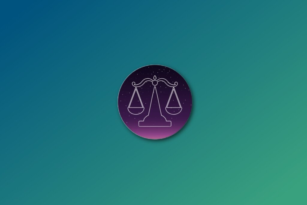 círculo azul com ilustração branca de uma balança representando o signo de libra sobre fundo verde